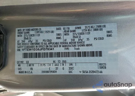 2018 Ford F150 Supercrew из США, поврежденный, VIN 1FTEW1EG8JFD78341